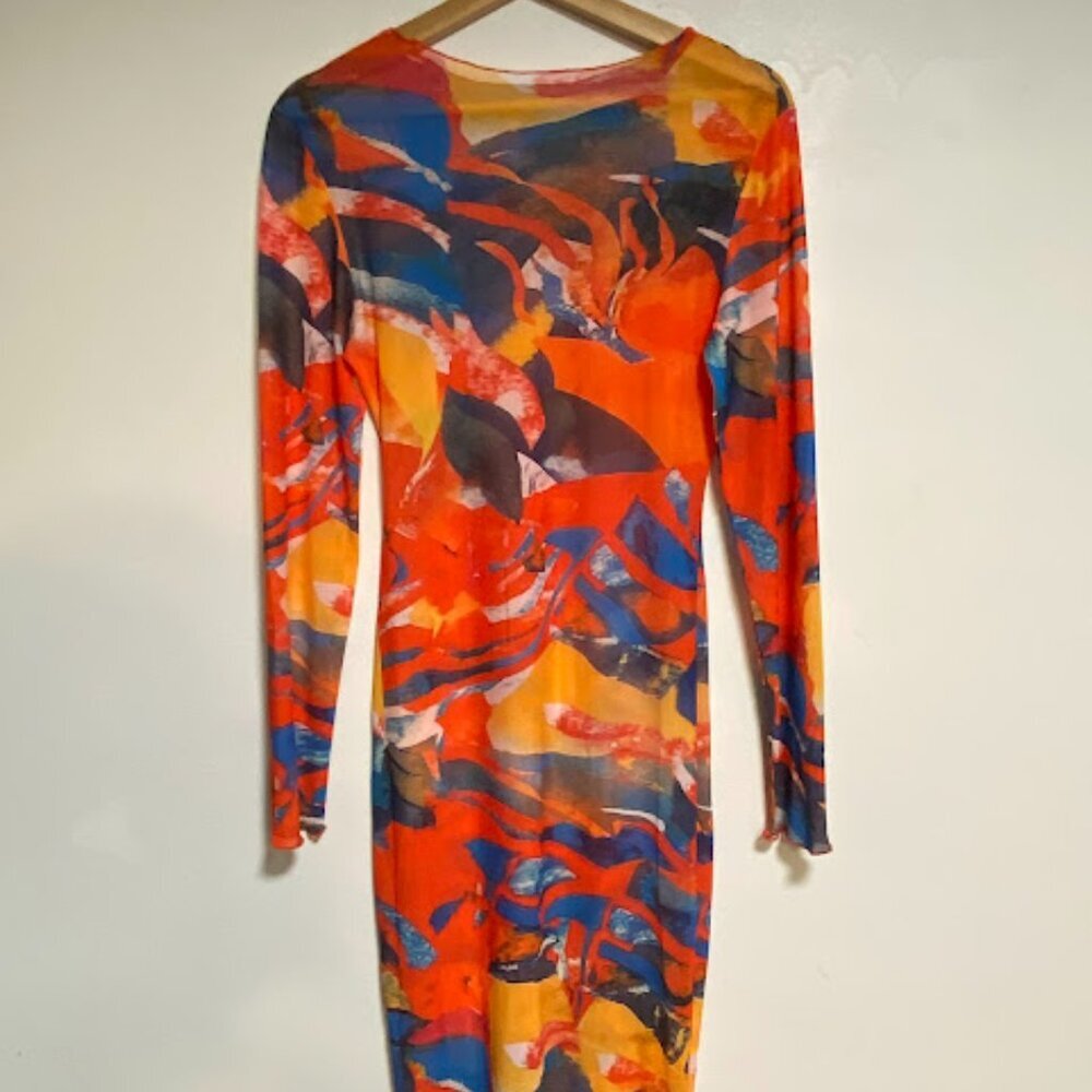 Abstract Print Mesh Long Sleeve Bodycon Midi Dress - Size M - Picture 2 of 9